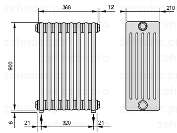 Схема (чертеж) Радиатор Zehnder Charleston 6090/8 №3570 Белый глянцевый RAL 9016
